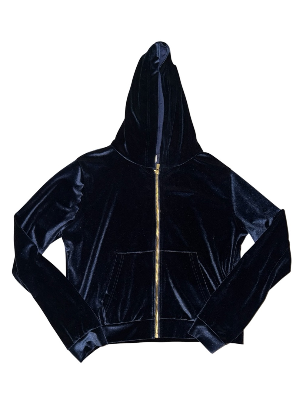 Fabletics Navy Blue Velour Zip Up Hoodie M Gold Zipper Like New